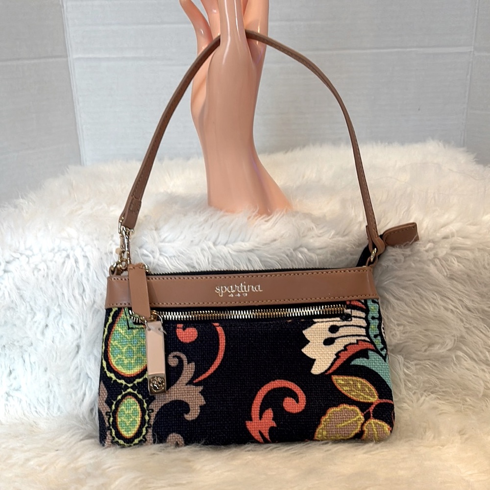 Spartina 449 Navy and Bright Floral Mini Bag/Wristlet EUC